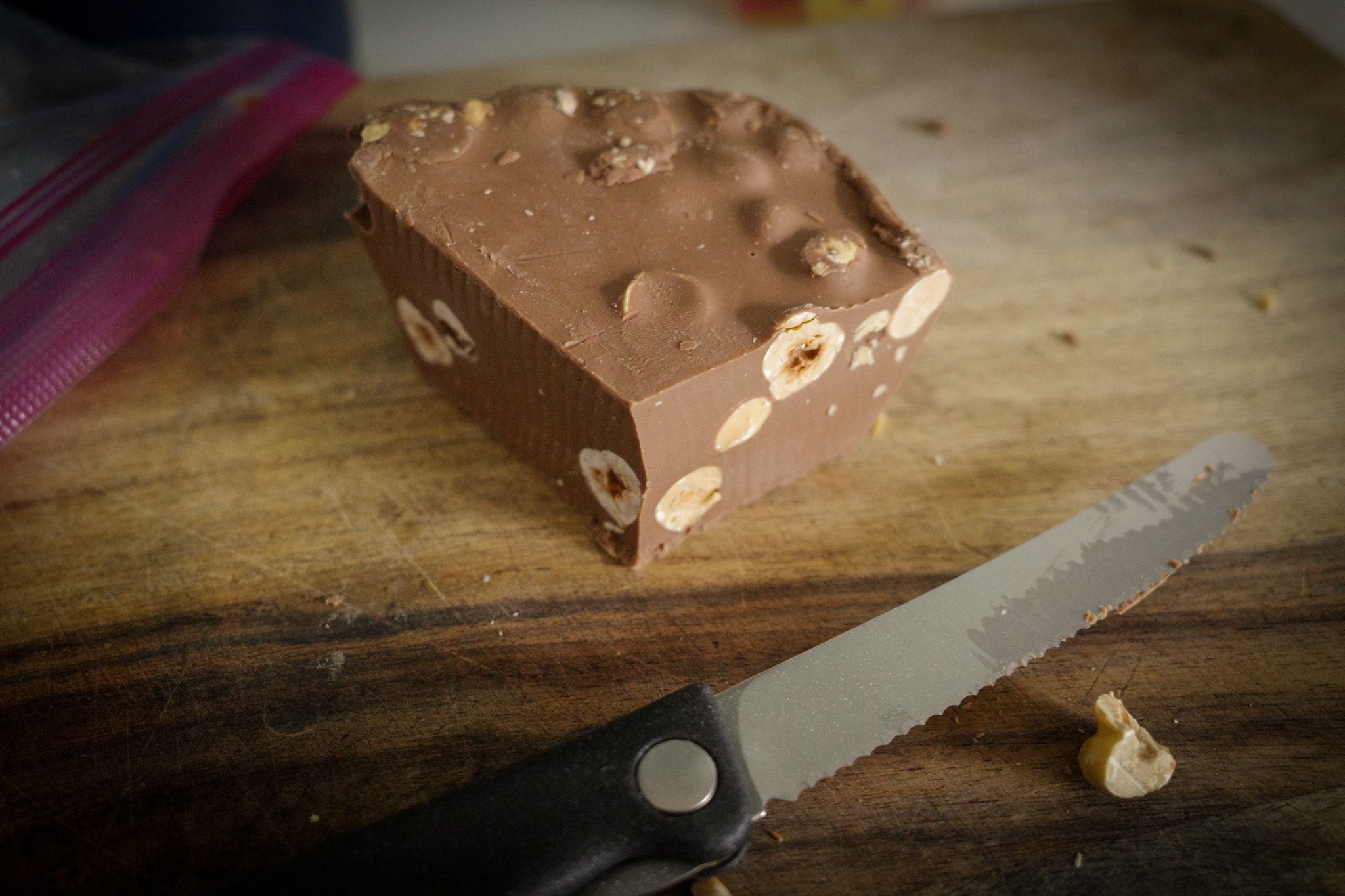 These are the small remains of the pomelo-sized ball of chocolate we started with.