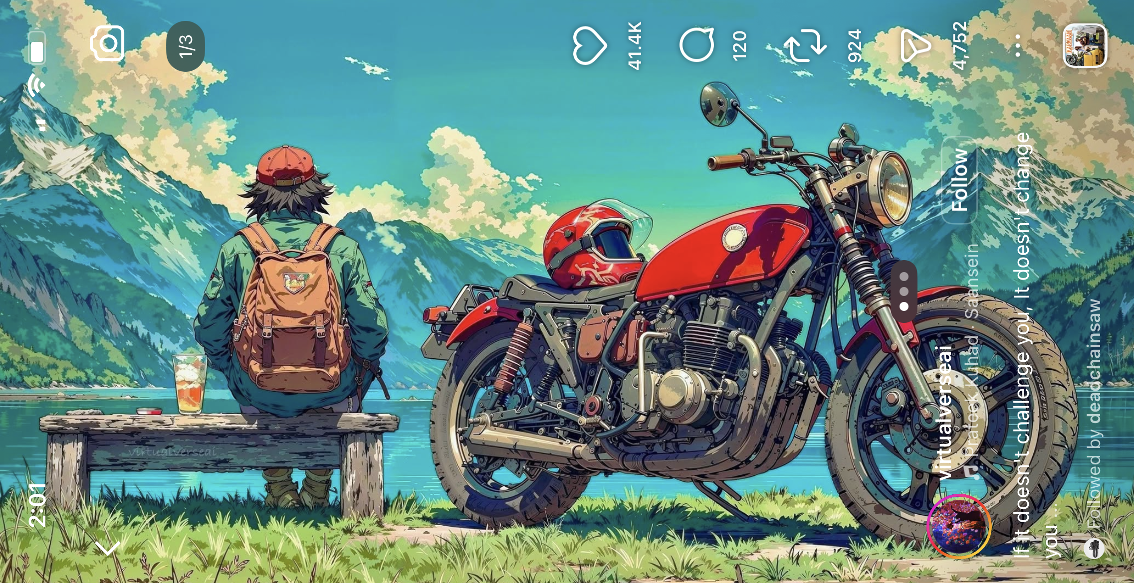 Cartoon of a man with a backpack sitting on a bench, looking out over a lake and mountains