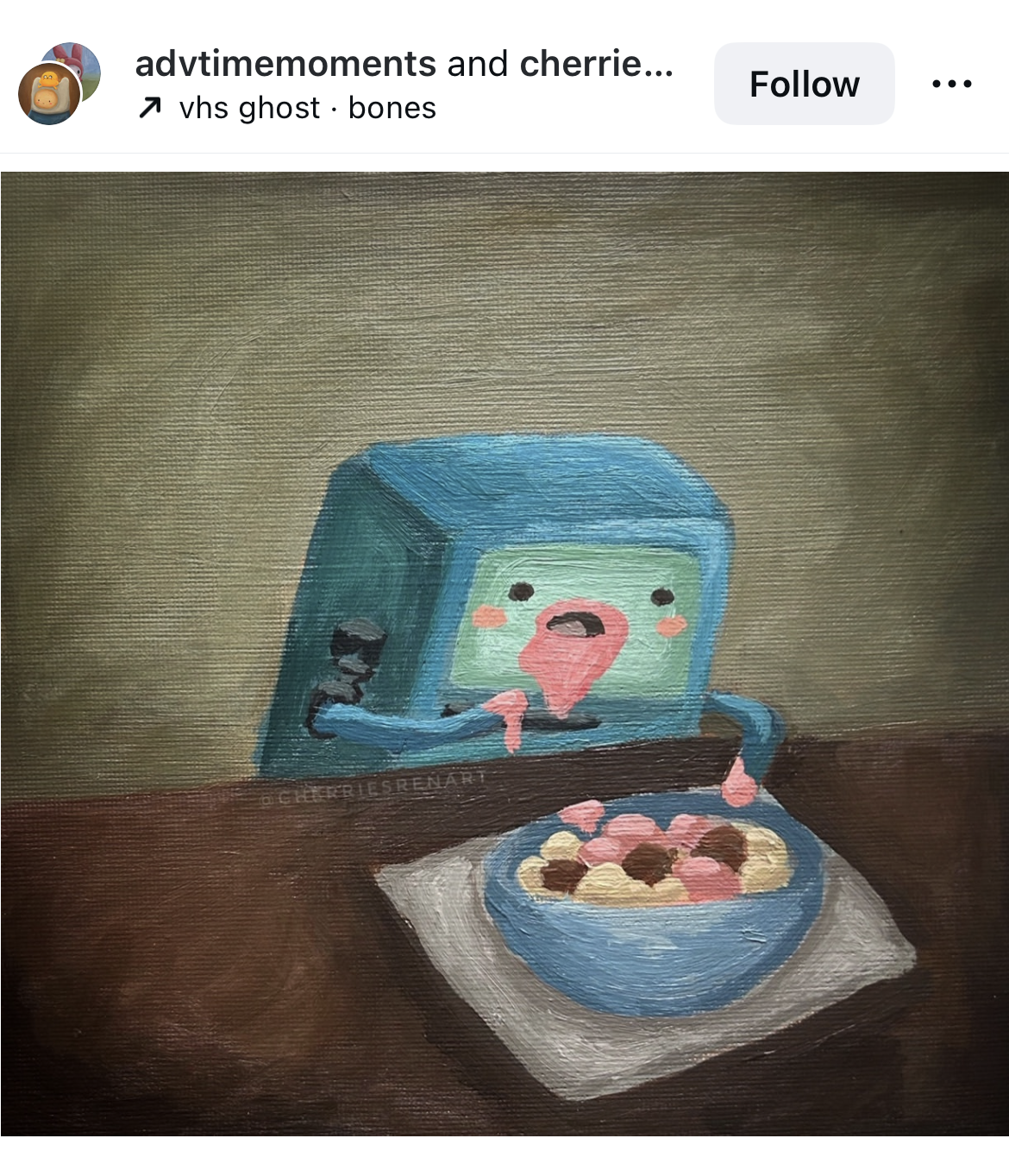 BMO from Adventure Time eating a giant bowl of ice cream with a messy smile