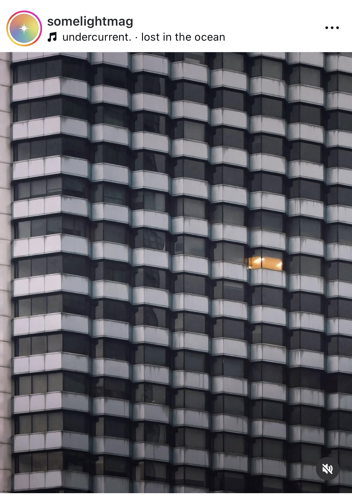 Single amber-lit apartment among dark windows at night