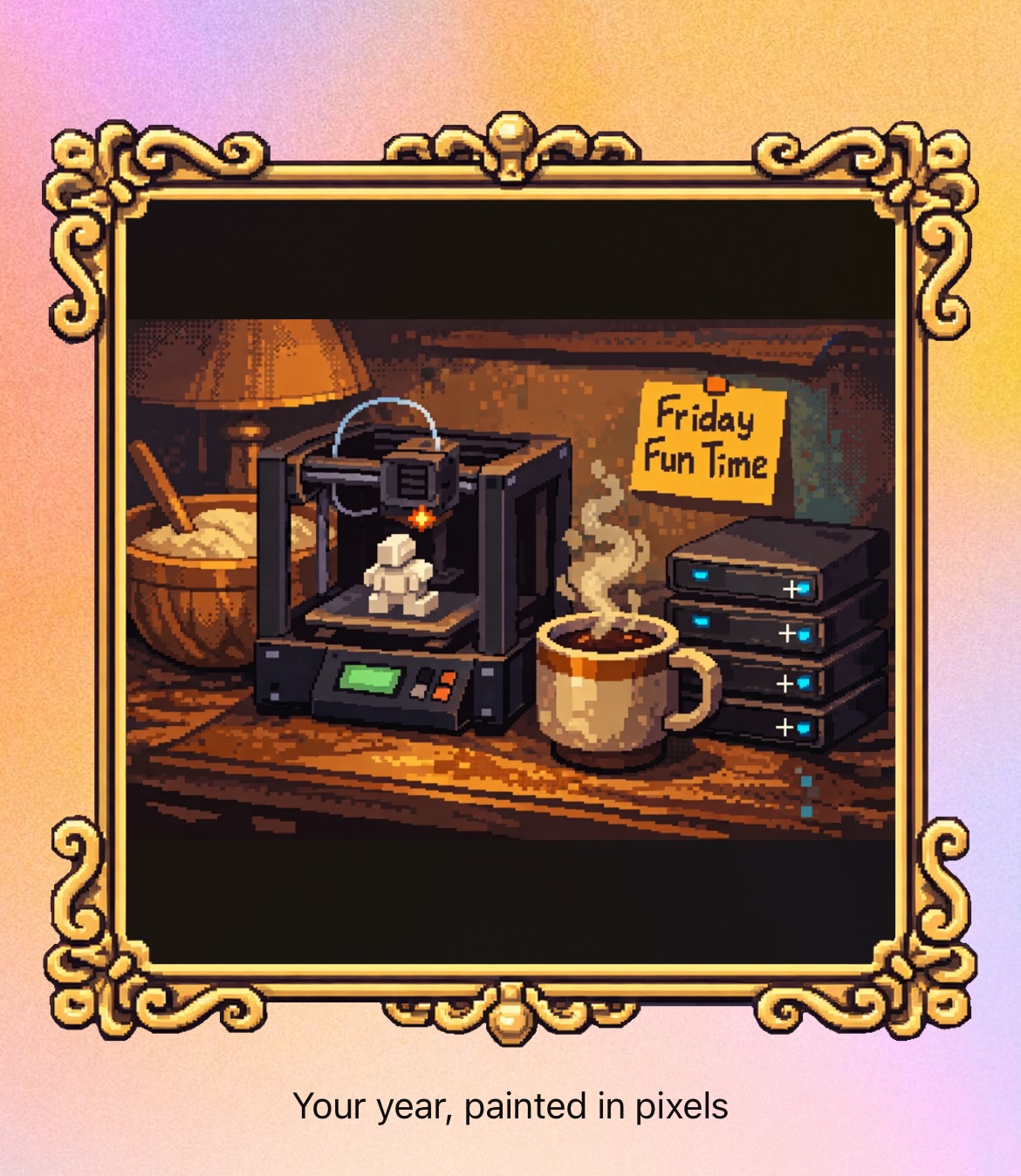 Pixel-art still life of a home desk with a 3D printer mid-print, coffee cup, bread dough, and stacked hard drives