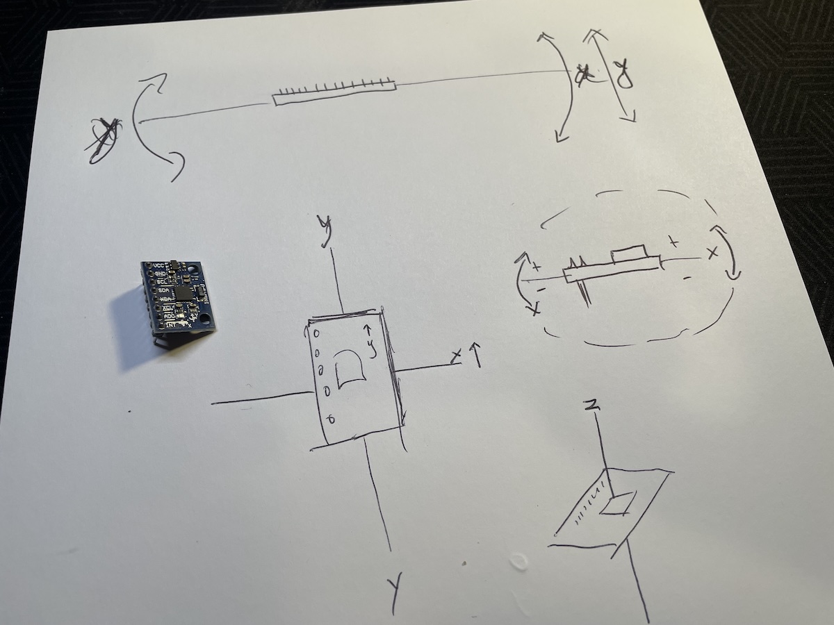 Hand-drawn sketch showing X, Y, and Z axes for a GY-521 accelerometer