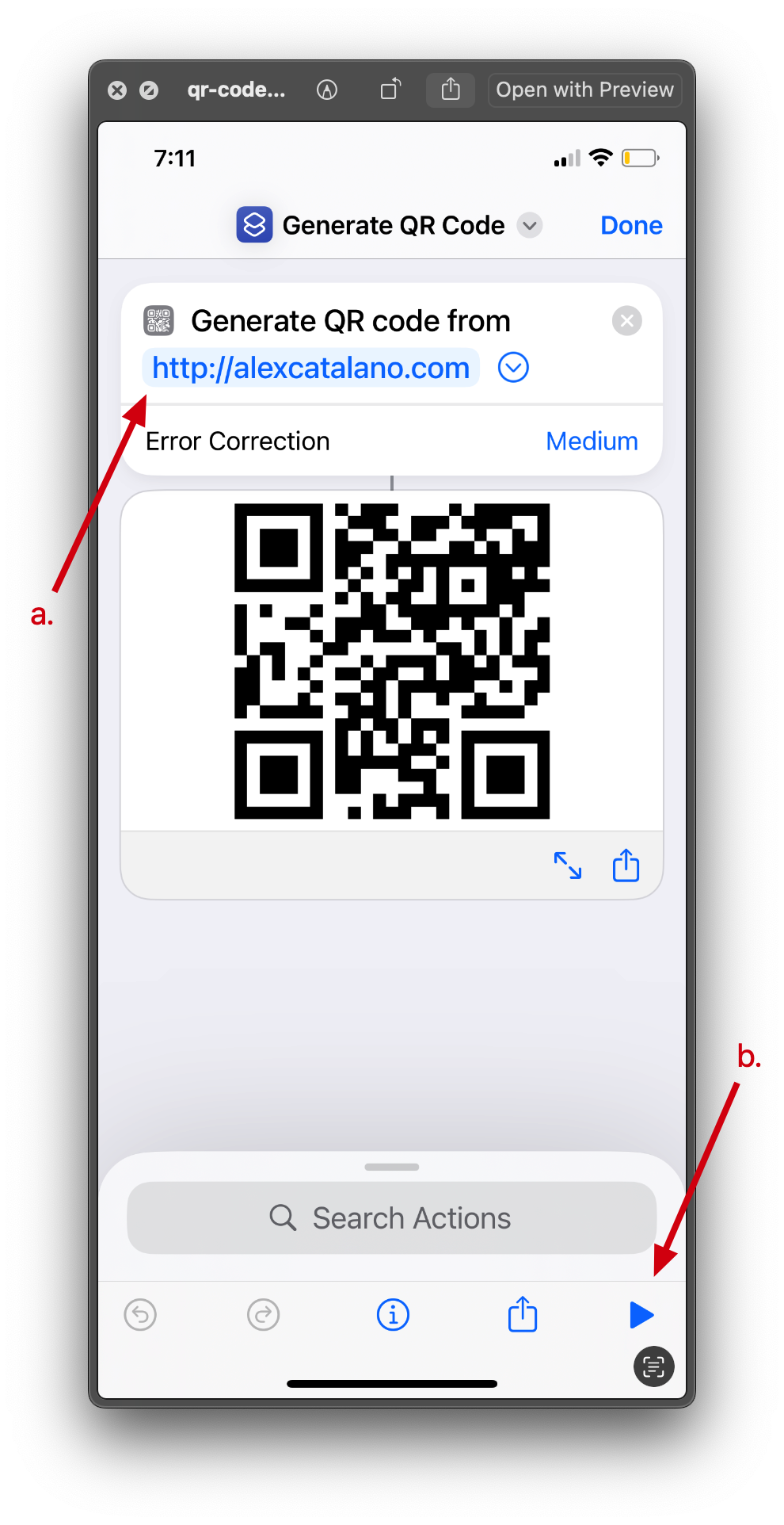 Shortcut's Generate QR Code interface