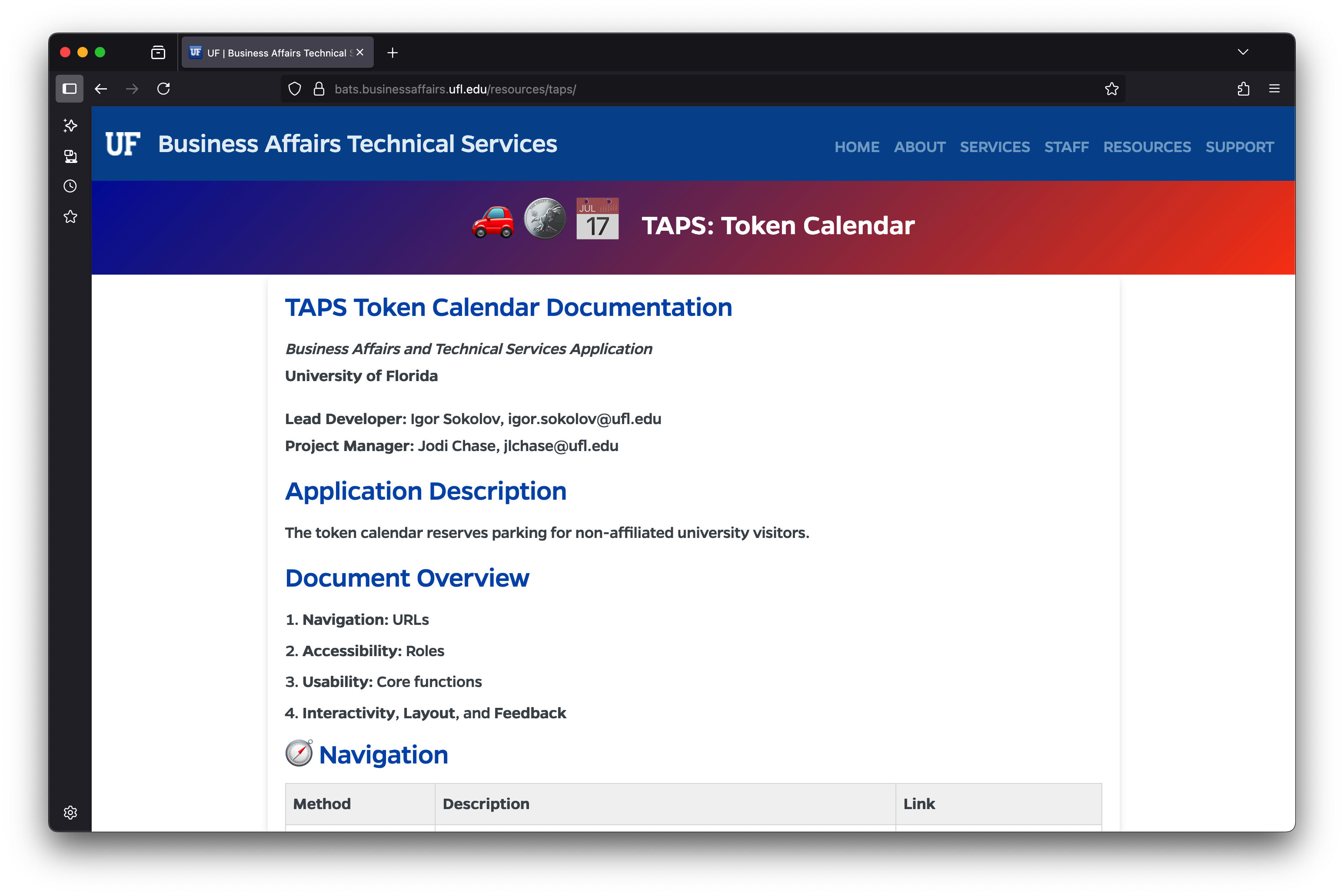 TAPS application documentation screenshot